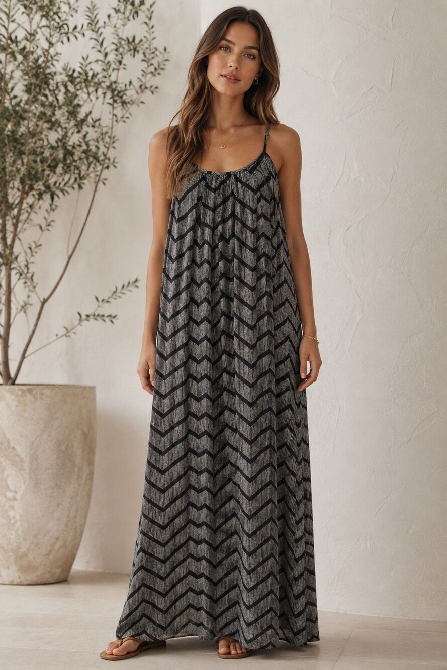 Merona XXL Gray Black Chevron Maxi Dress Sleeveless Strappy Boho Casual